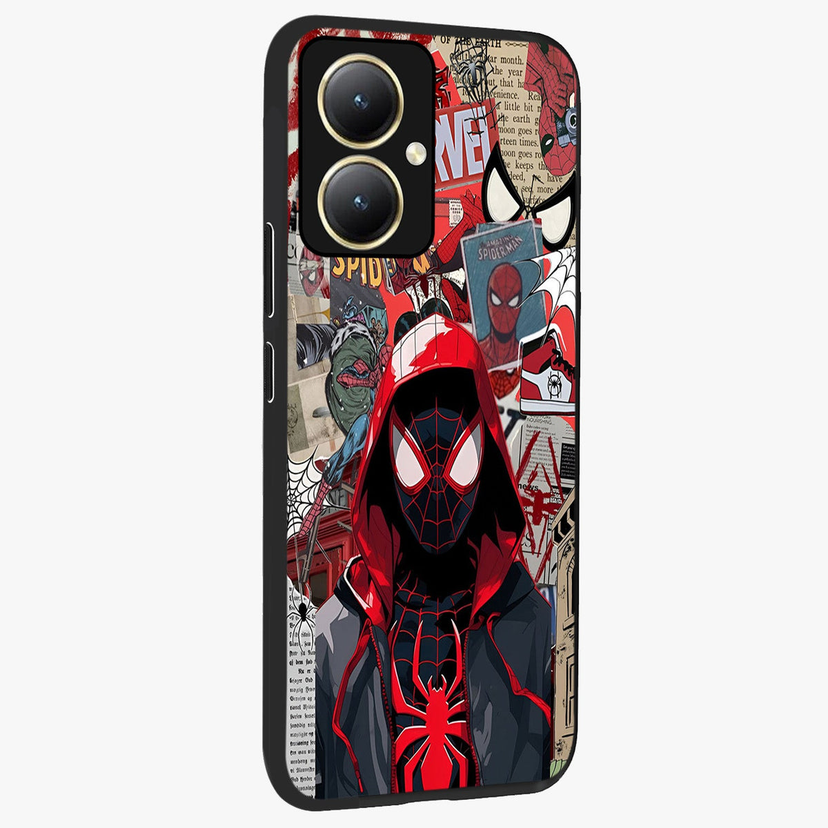 Spider Collage Street Glass Case upright view showcasing bold superhero artwork with urban street theme.