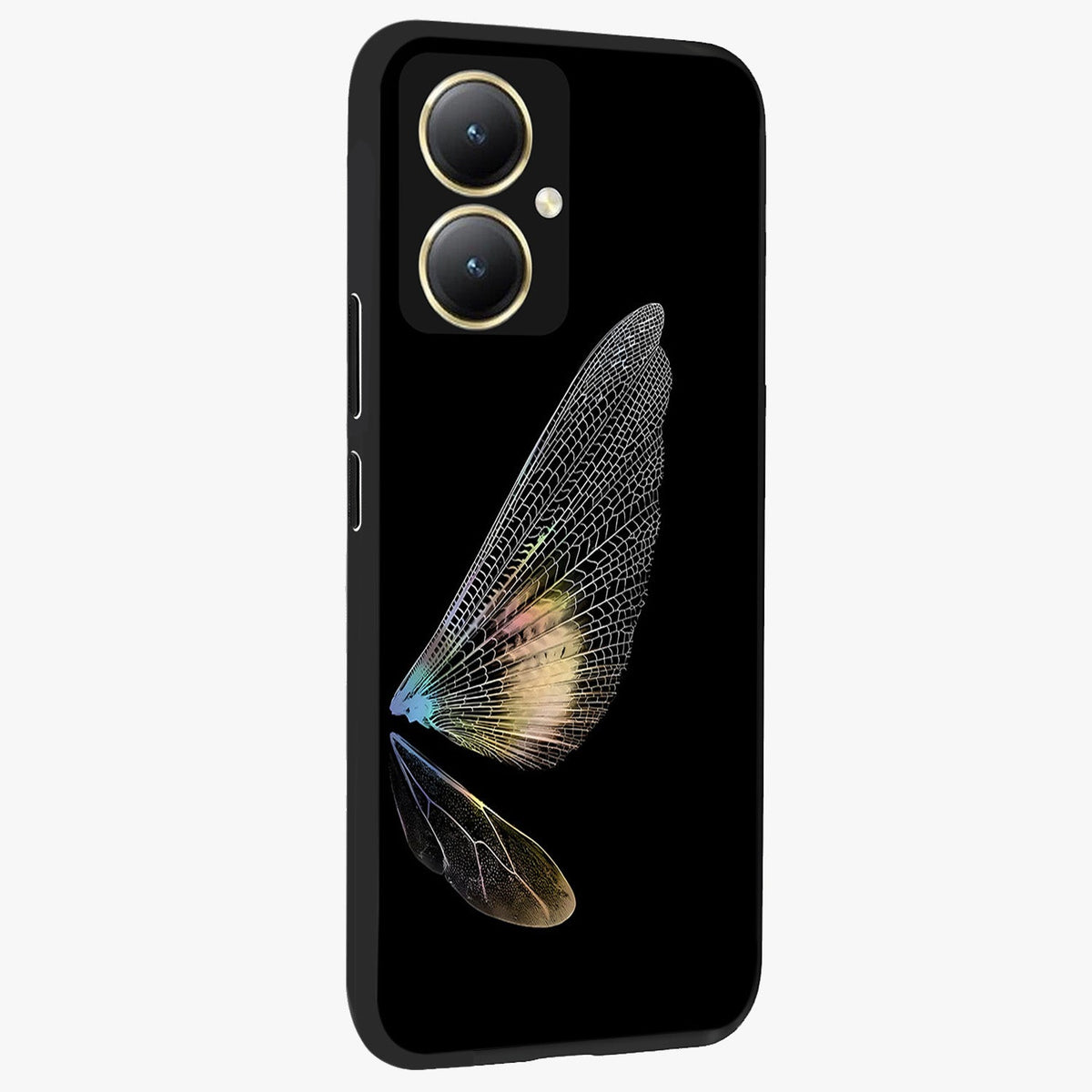 Whispers Of Wings Glass Case upright view showcasing elegant wing artwork with light airy theme.