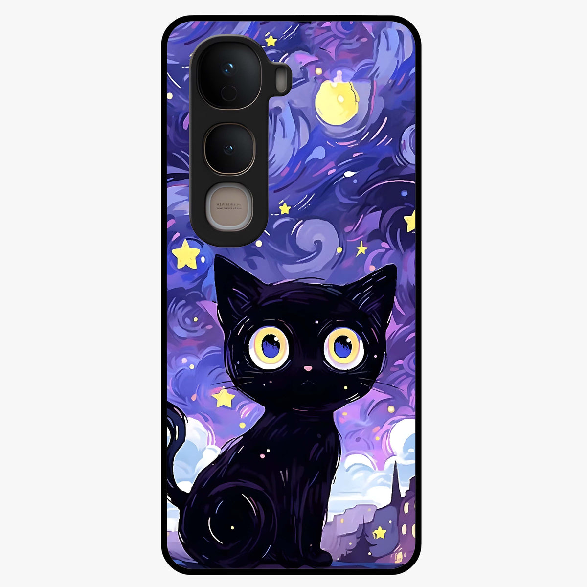 Abstract Cat Art Glass Case showing flat back view with artistic cat illustration and glossy glass finish.