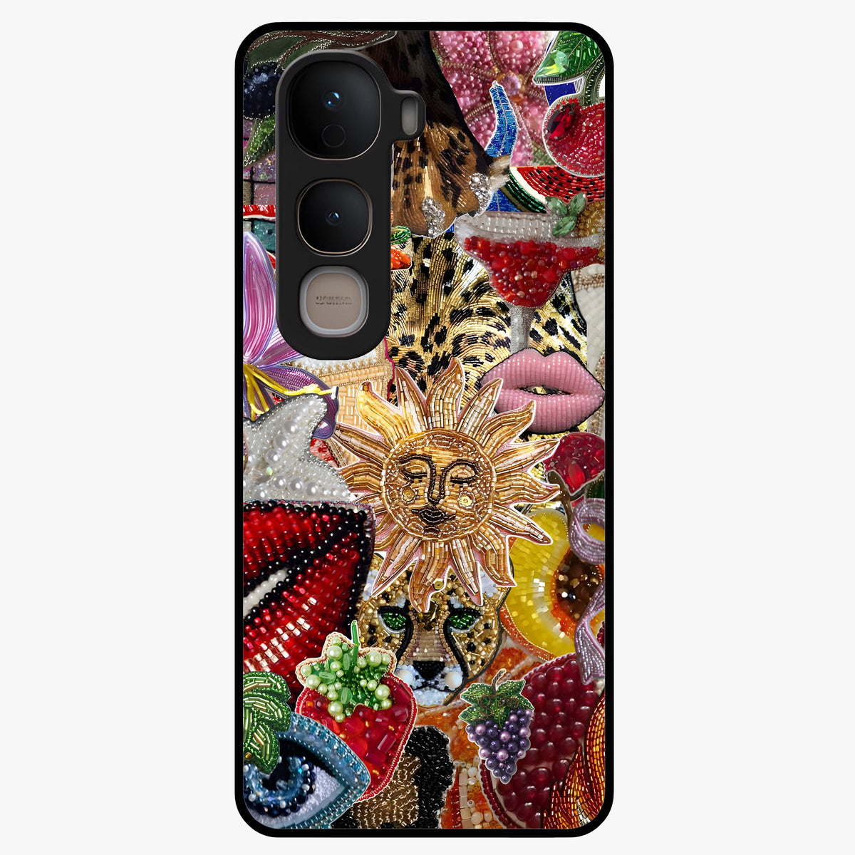 Beaded Fashion Jungle Glass Case showing flat back view with vibrant jungle inspired bead artwork and glossy glass finish.