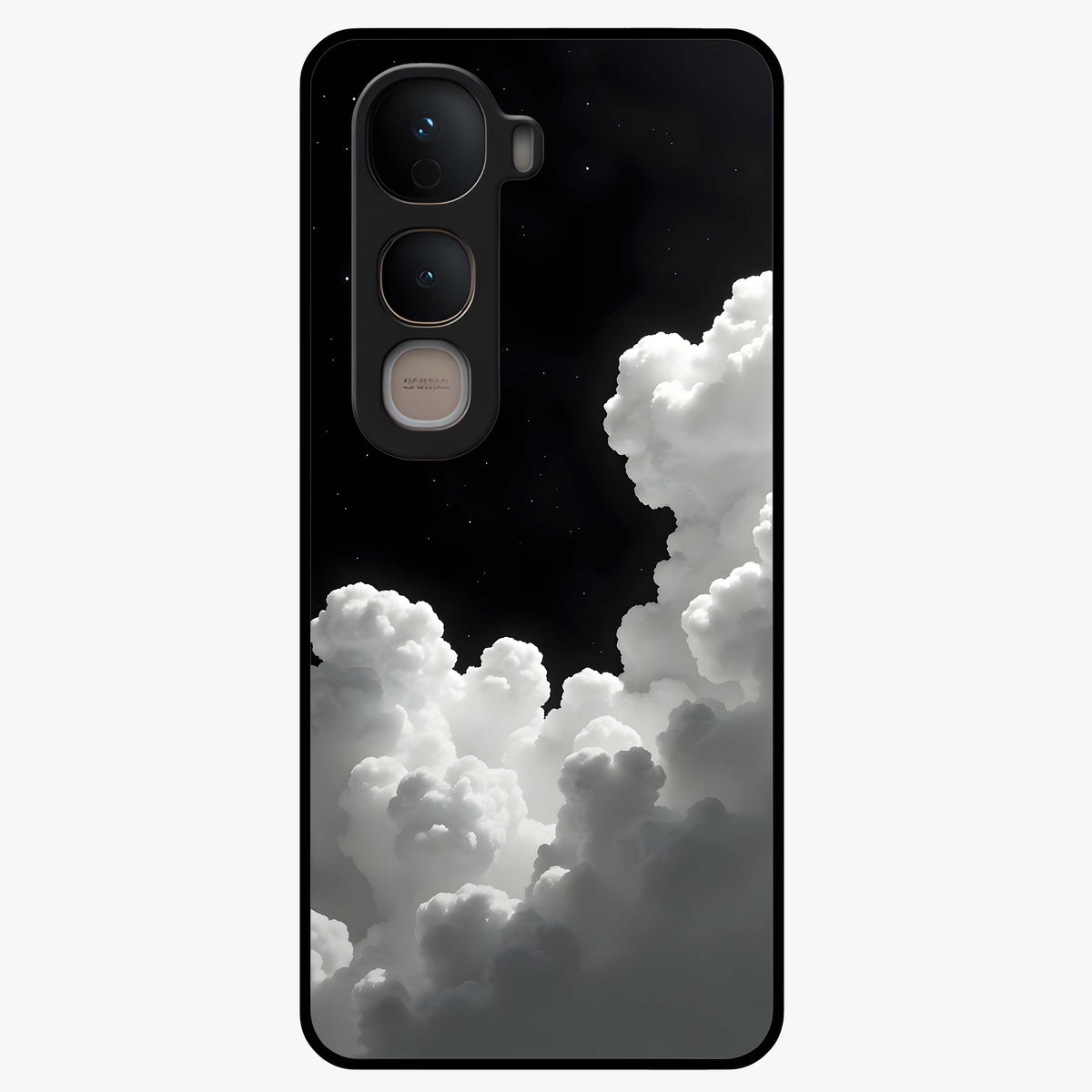 Black Background With White Cloud Glass Case showing flat back view with minimal cloud artwork on dark background and glossy glass finish.