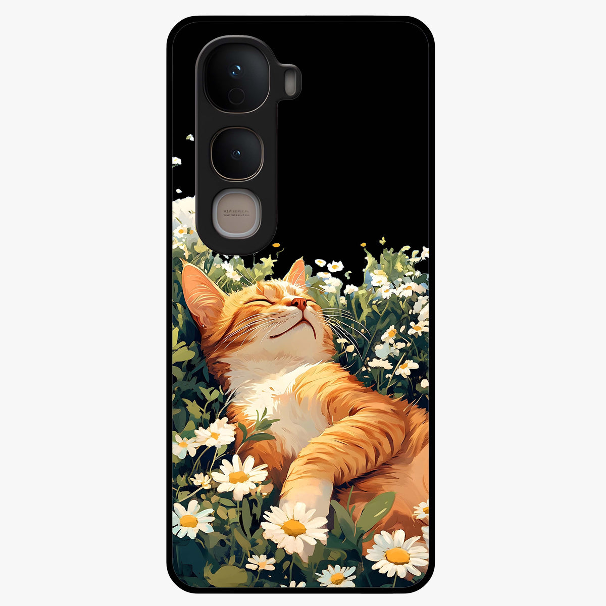 Blissful Bloom Cat Glass Case showing flat back view with cute cat and floral bloom artwork and glossy glass finish.