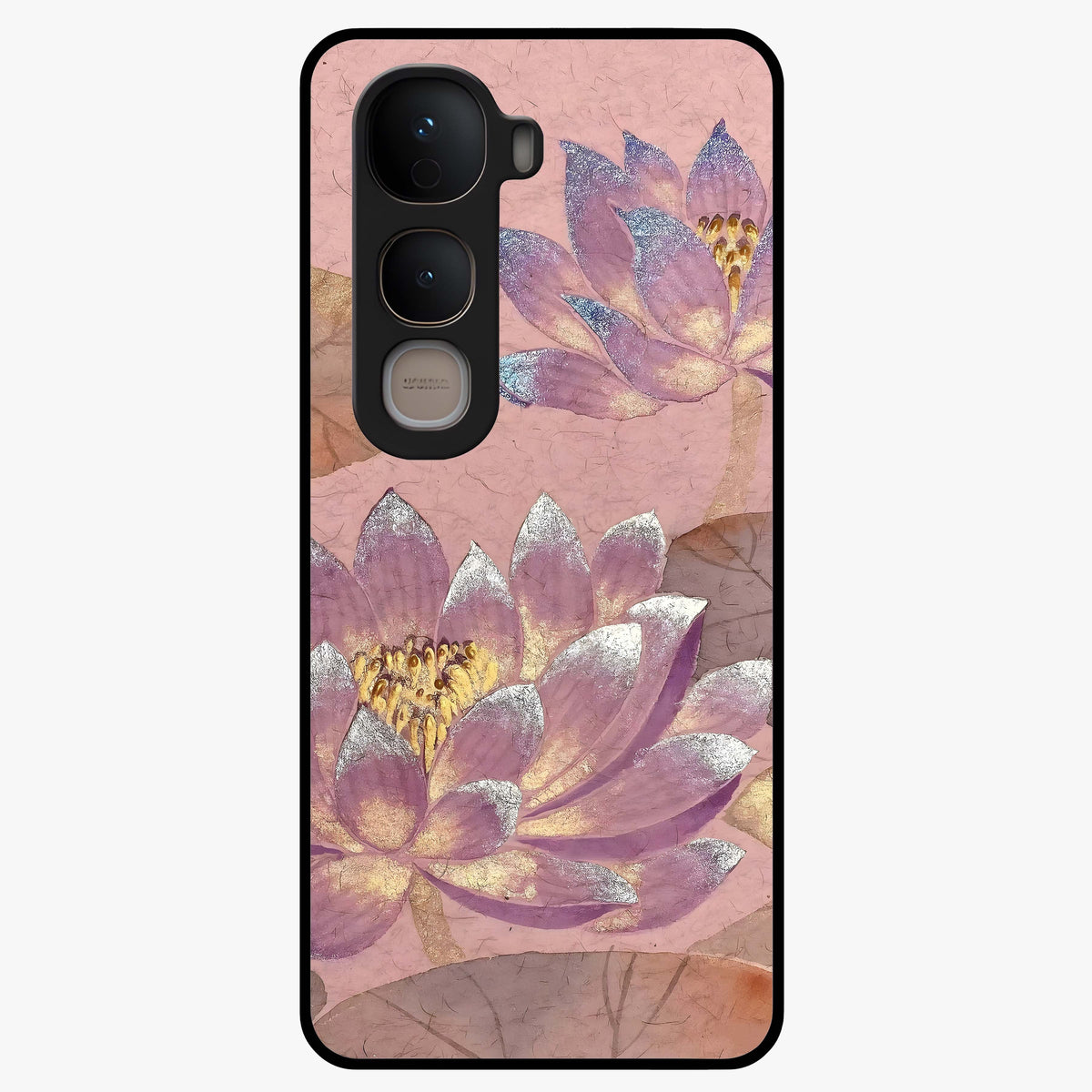 Blossom Mist Lotus Glass Case showing flat back view with serene lotus blossom artwork and glossy glass finish.