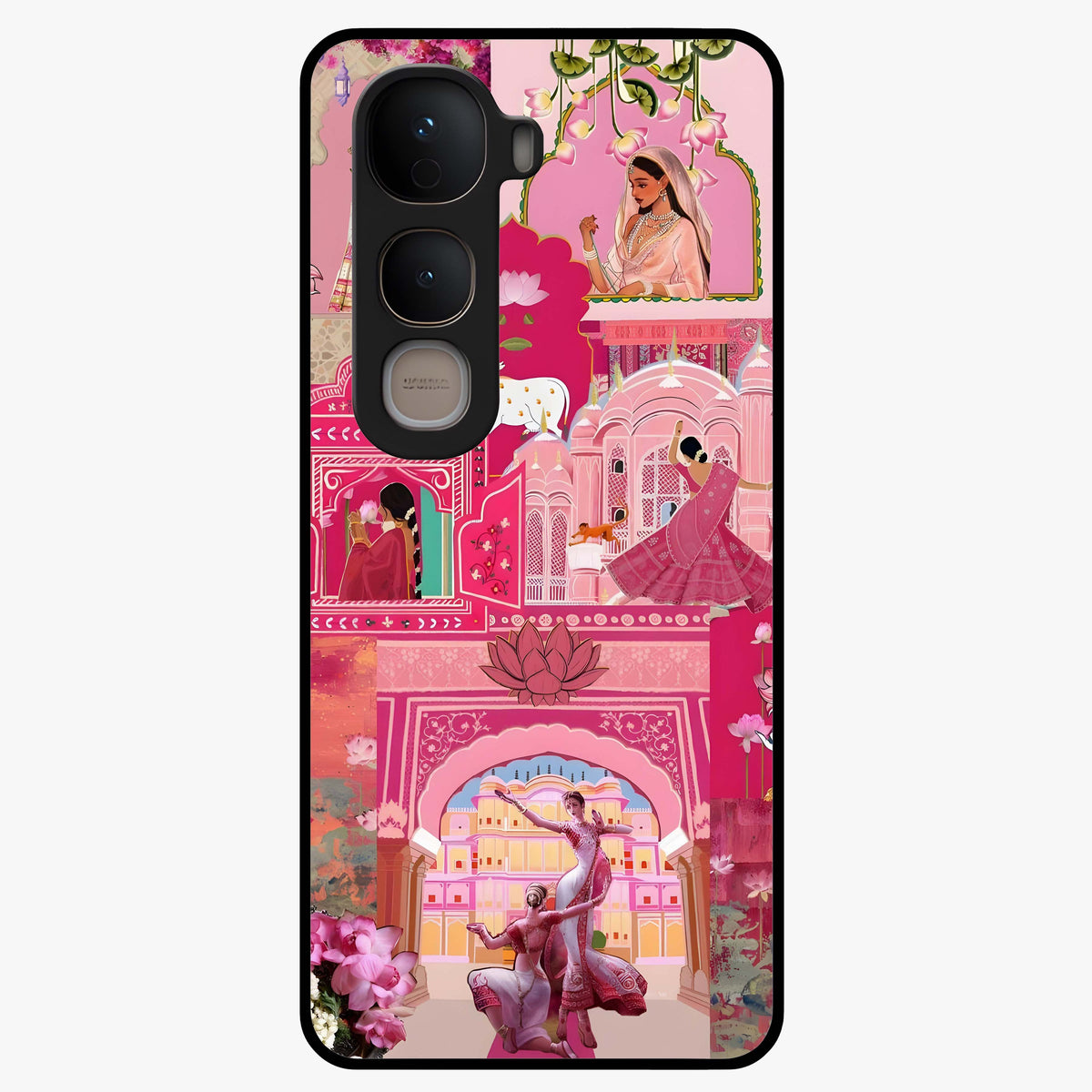 Blossoms of Rajasthan Glass Case showing flat back view with traditional floral artwork inspired by Rajasthan and glossy glass finish.