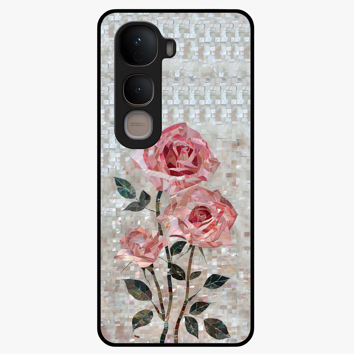 Blush Mosaic Bloom Glass Case showing flat back view with mosaic floral bloom artwork and glossy glass finish.