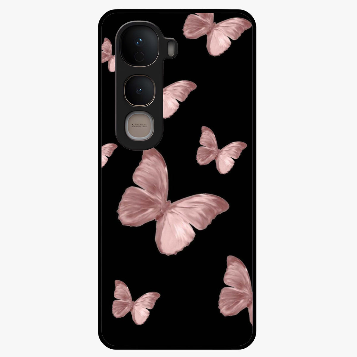 Butterfly Pattern Glass Case showing flat back view with elegant butterfly pattern artwork and glossy glass finish.