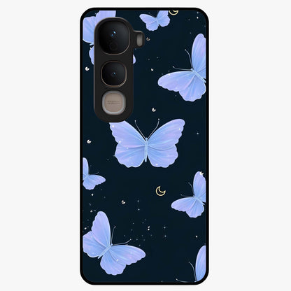 Butterfly With Stars Pattern Glass Case showing flat back view with butterfly and star pattern artwork and glossy glass finish.