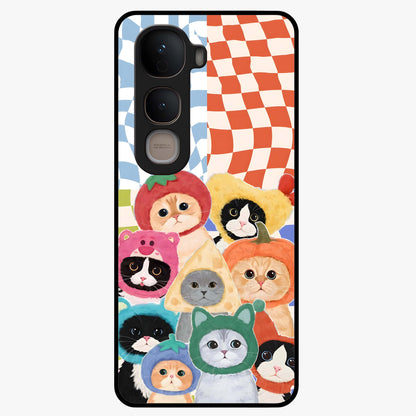 Cats in Fruits Glass Case showing flat back view with playful cat illustrations inside fruit artwork and glossy glass finish.