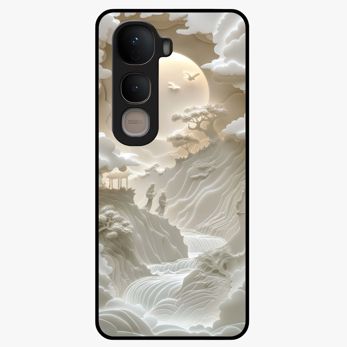 Celestial Origami Glass Case showing flat back view with artistic origami inspired celestial artwork and glossy glass finish.