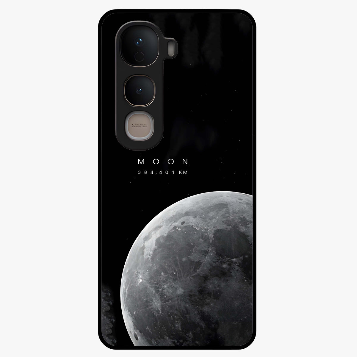 Cosmic Moon Glow Glass Case showing flat back view with glowing moon artwork and glossy glass finish.