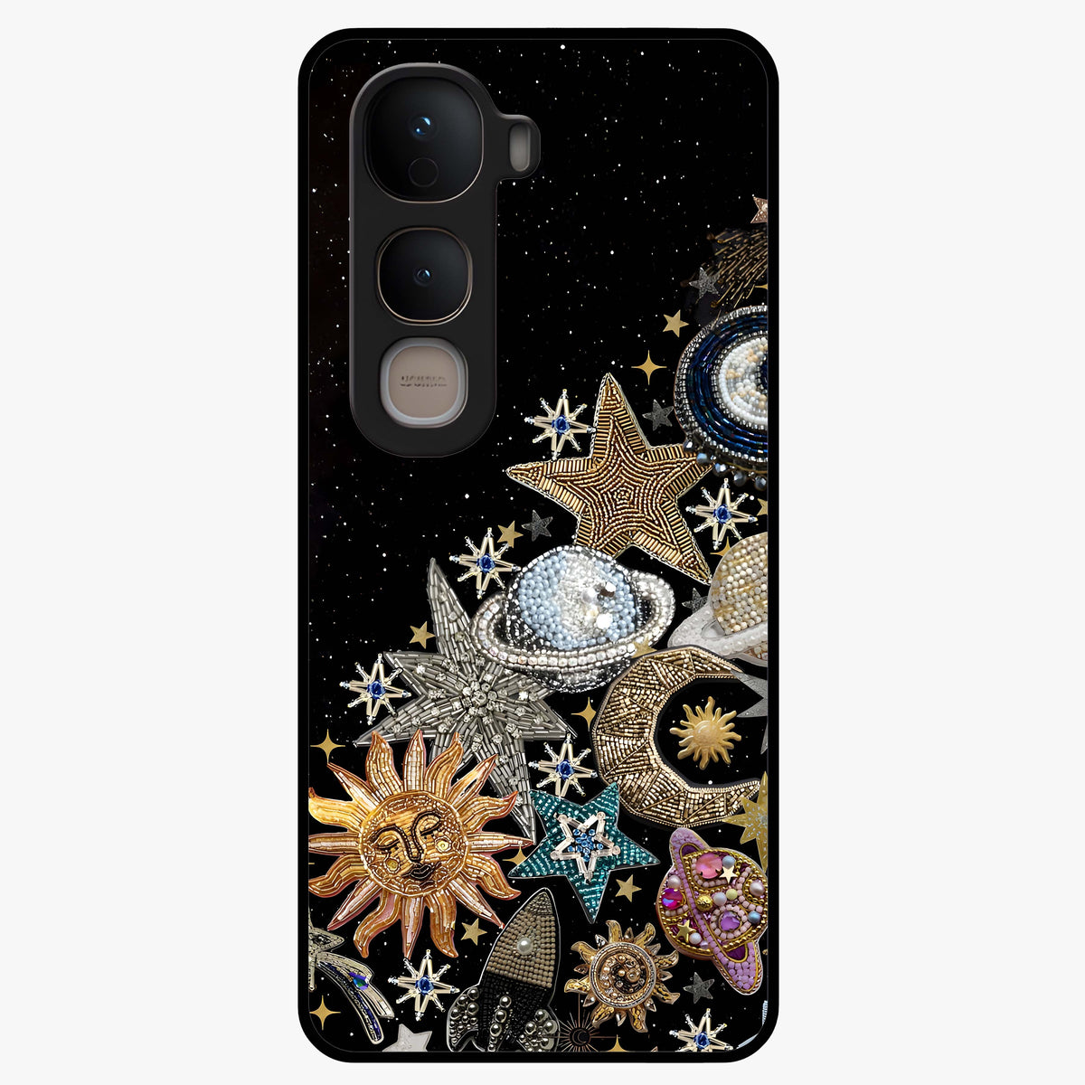 Cosmic Sparkle Dreams Glass Case showing flat back view with sparkling cosmic artwork and glossy glass finish.