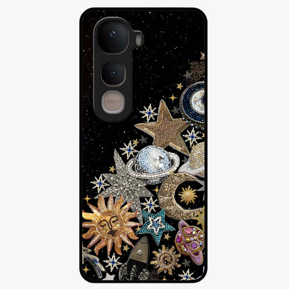 Cosmic Sparkle Dreams Glass Case showing flat back view with sparkling cosmic artwork and glossy glass finish.