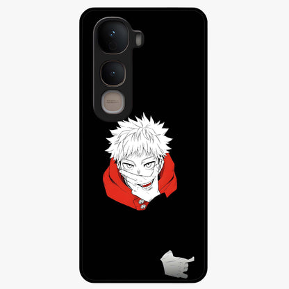 Crimson Chaos Smile Glass Case showing flat back view with bold chaotic smile artwork and glossy glass finish.