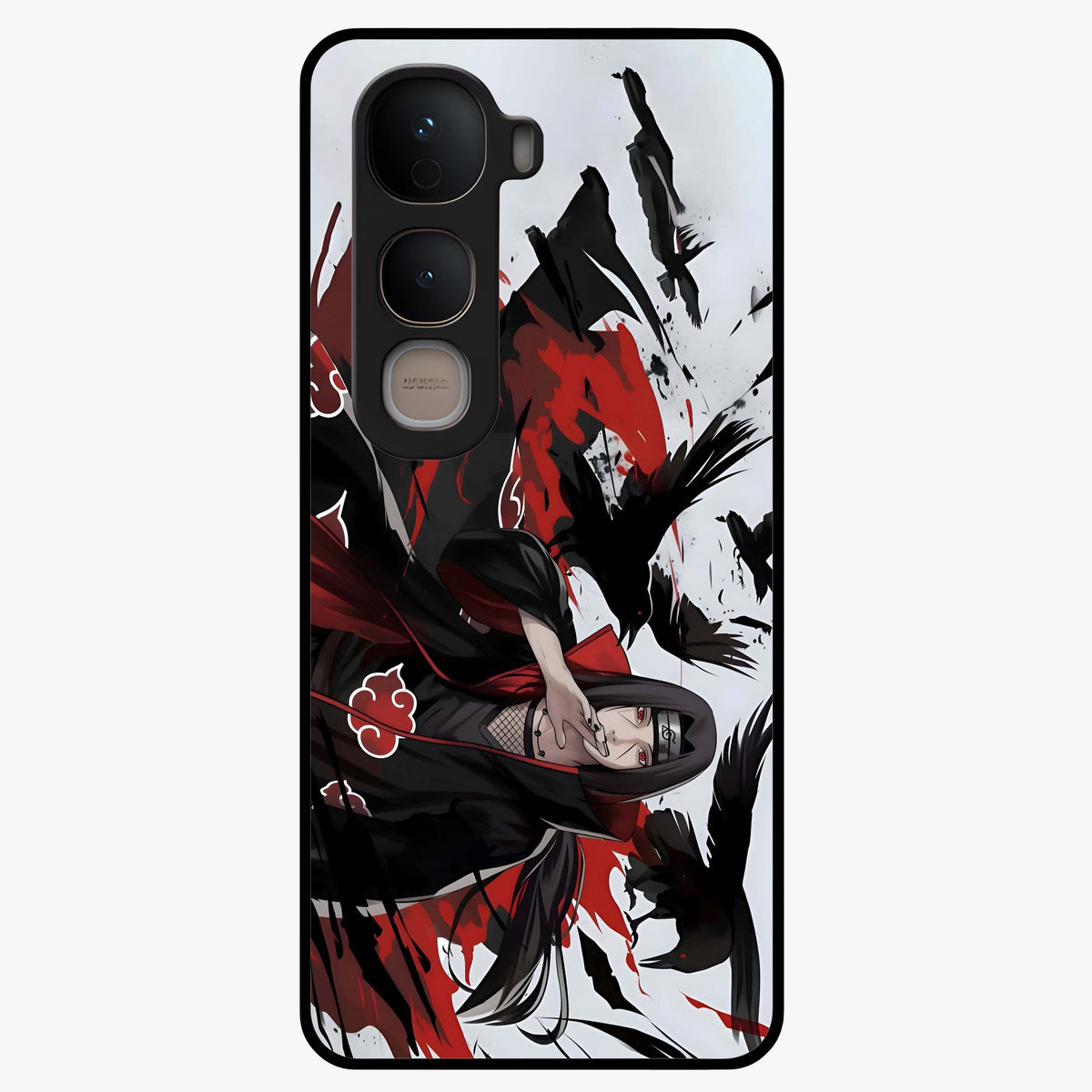 Crimson Crow Illusion Glass Case showing flat back view with artistic crow illusion artwork and glossy glass finish.