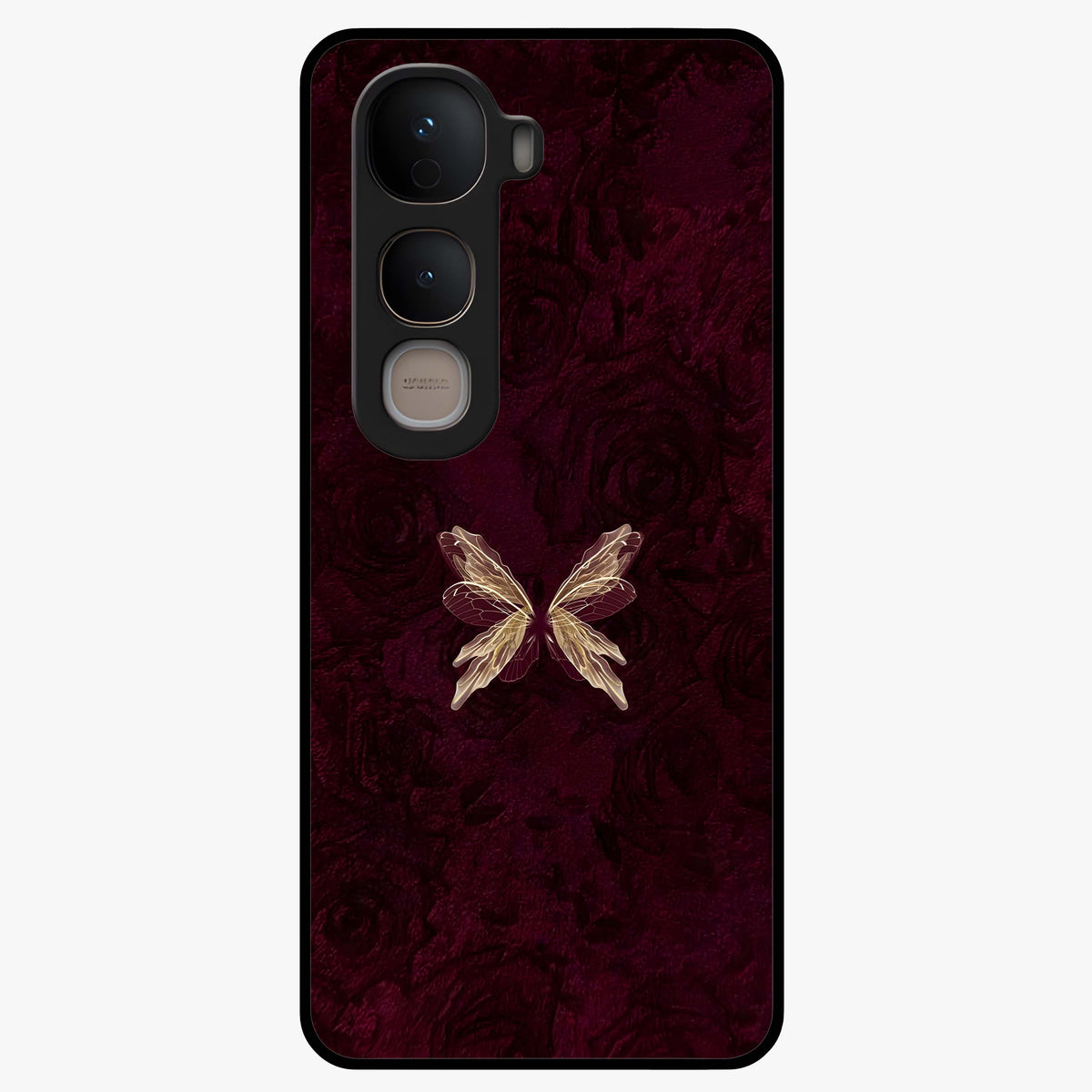 Crimson Fade Butterfly Glass Case showing flat back view with fading butterfly artwork and glossy glass finish.