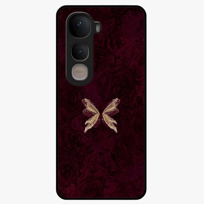 Crimson Fade Butterfly Glass Case showing flat back view with fading butterfly artwork and glossy glass finish.