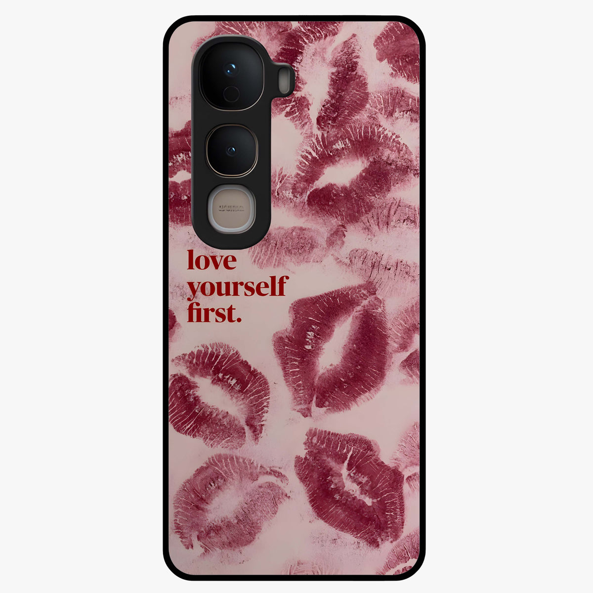 Crimson Kiss Love Glass Case showing flat back view with romantic crimson themed artwork and glossy glass finish.