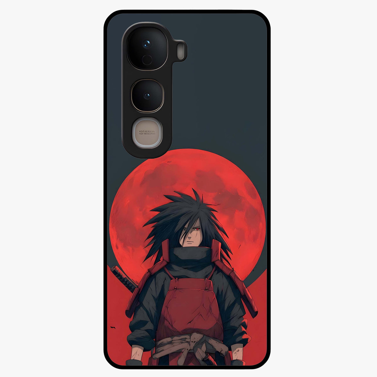 Crimson Moon Warlord Glass Case showing flat back view with mystical moon warrior artwork and glossy glass finish.