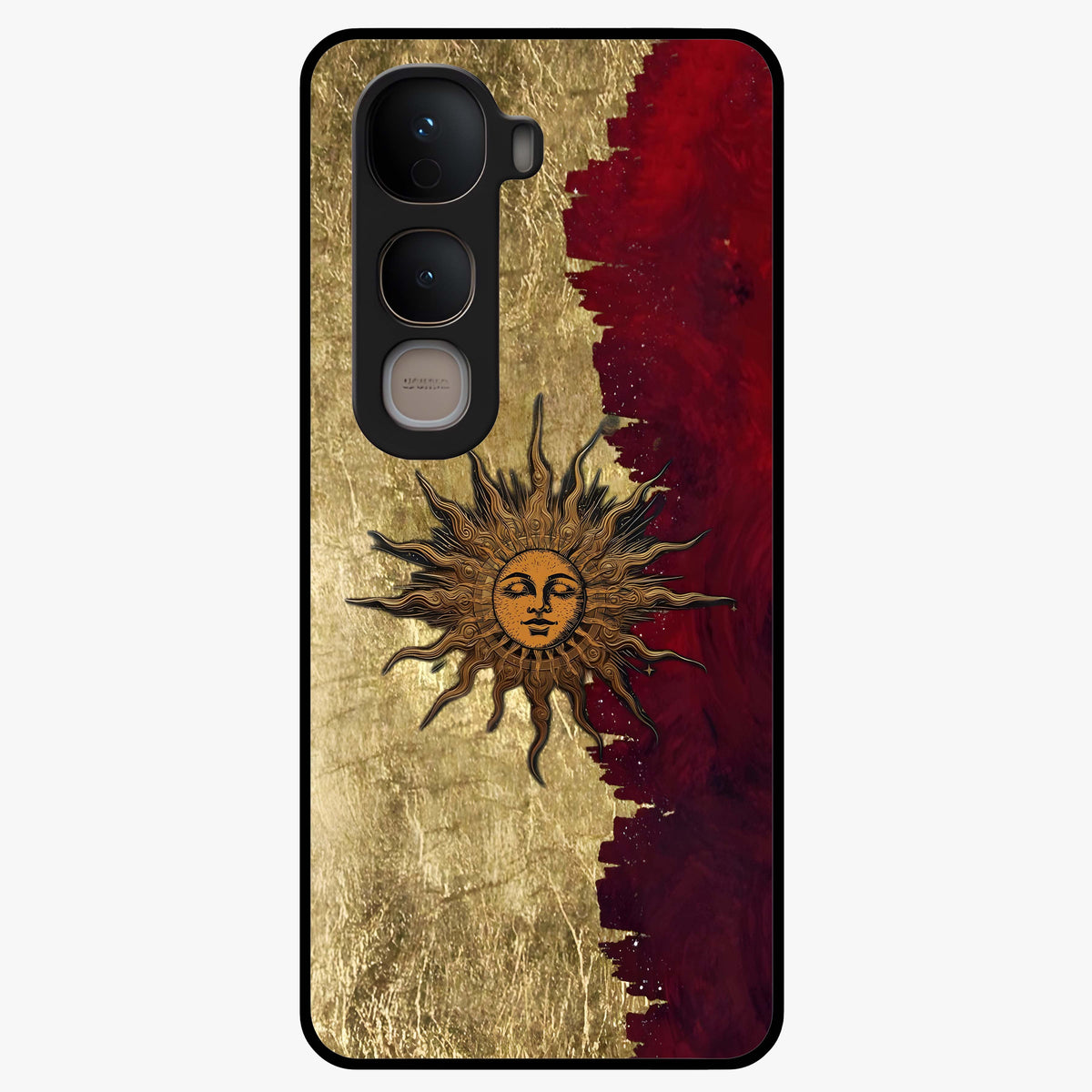 Crimson Sun Majesty Glass Case showing flat back view with radiant sun inspired artwork and glossy glass finish.