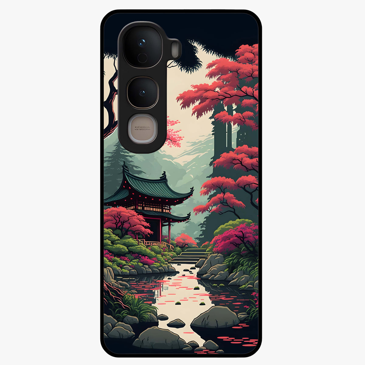 Crimson Temple View Glass Case showing flat back view with temple inspired artwork and glossy glass finish.