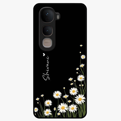 Daisy Cascade Custom Name Glass Case showing flat back view with cascading daisy flowers and personalized name design.