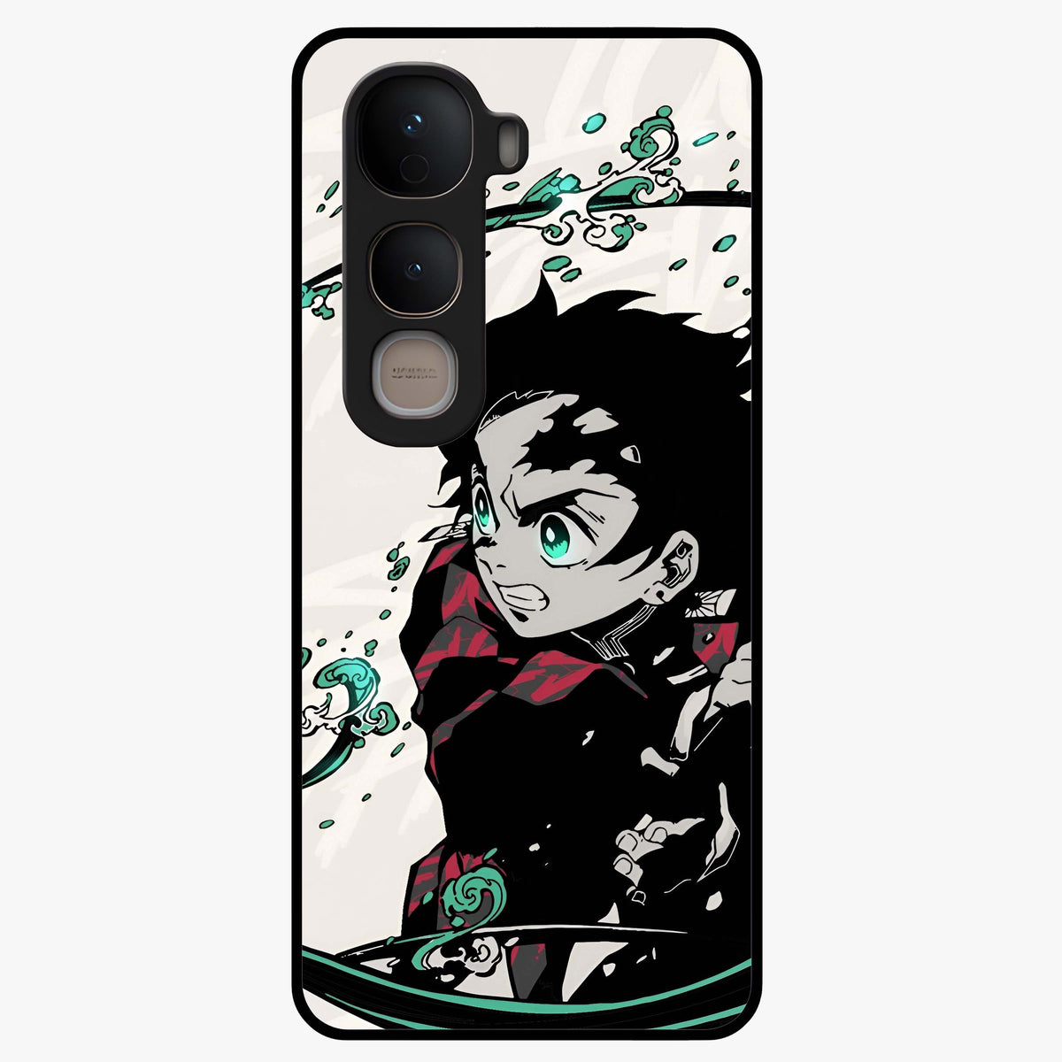 Demon Slayer Glass Case showing flat back view with bold anime inspired artwork and glossy glass finish.