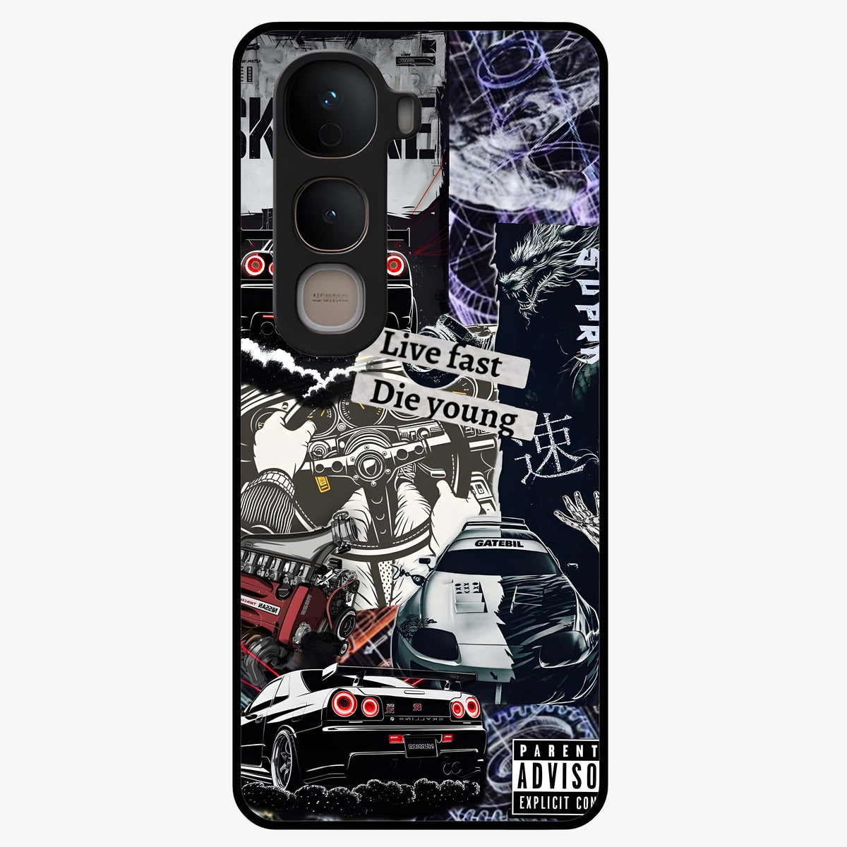 Die Young Glass Case showing flat back view with bold artistic typography design and glossy glass finish.