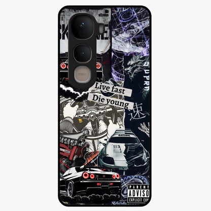 Die Young Glass Case showing flat back view with bold artistic typography design and glossy glass finish.