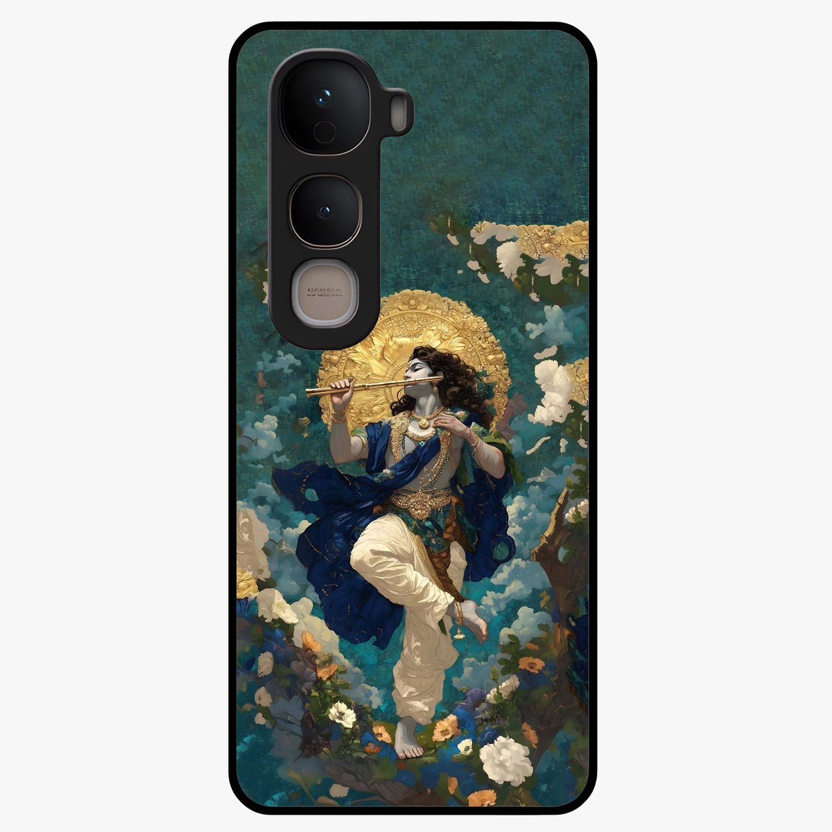 Divine Krishna Art Glass Case showing flat back view with Lord Krishna artwork and glossy glass finish.