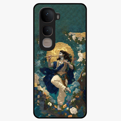 Divine Krishna Art Glass Case showing flat back view with Lord Krishna artwork and glossy glass finish.