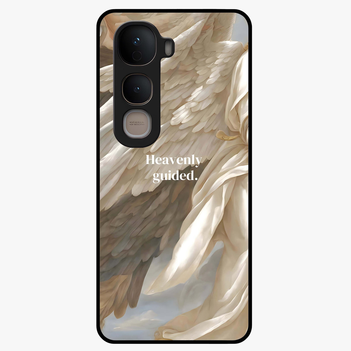 Divine Winged Grace Glass Case showing flat back view with elegant wing inspired artwork and glossy glass finish.