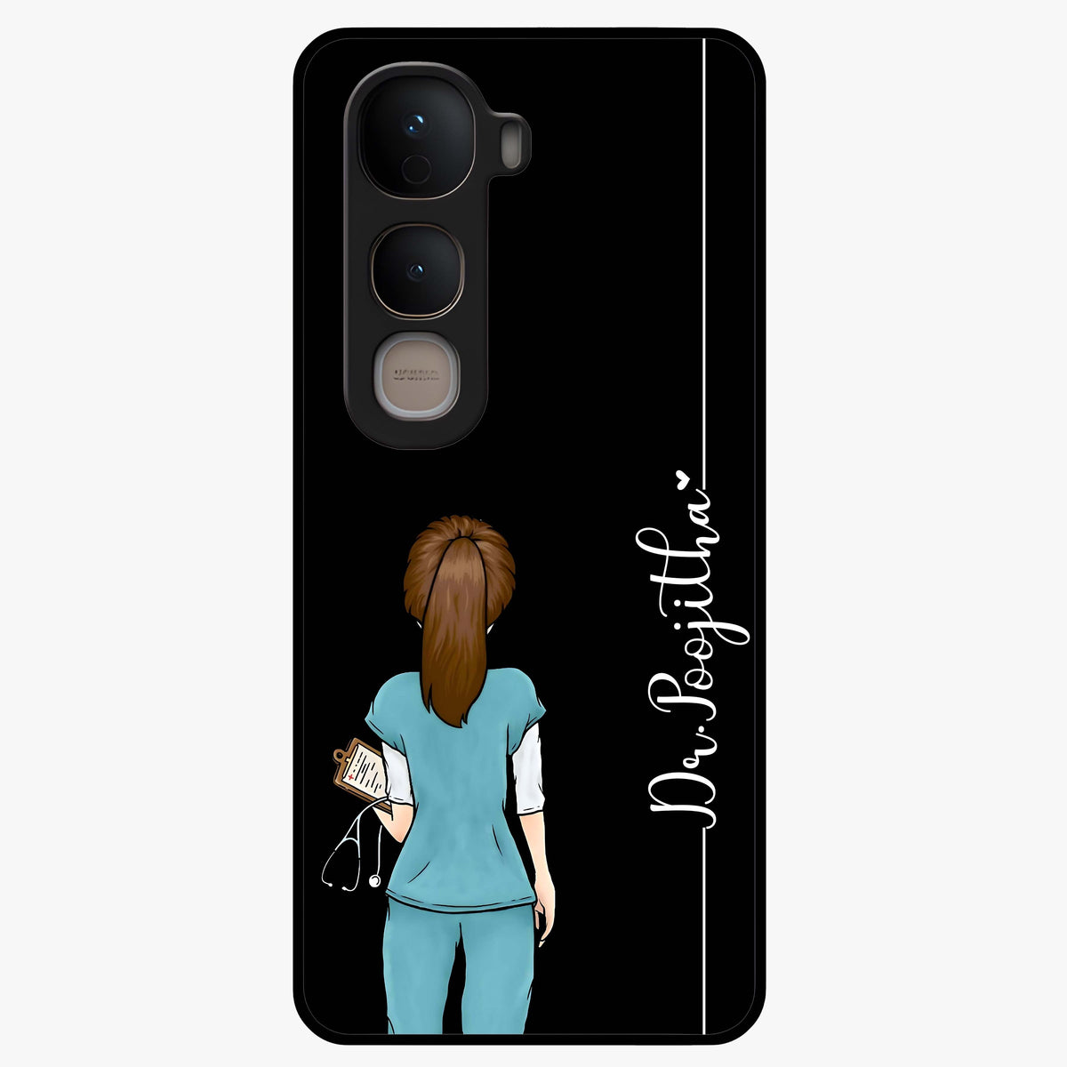 Doctor Pattern Custom Name Glass Case showing flat back view with medical themed pattern and personalized name design.