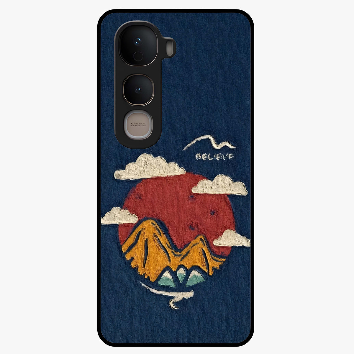 Dream Beyond Mountains Glass Case showing flat back view with scenic mountain landscape artwork and glossy glass finish.