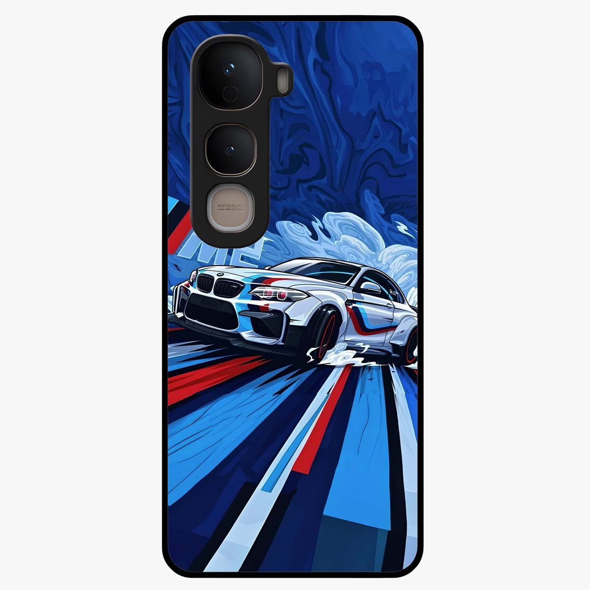Drift Power Rush Glass Case showing flat back view with dynamic racing inspired artwork and glossy glass finish.