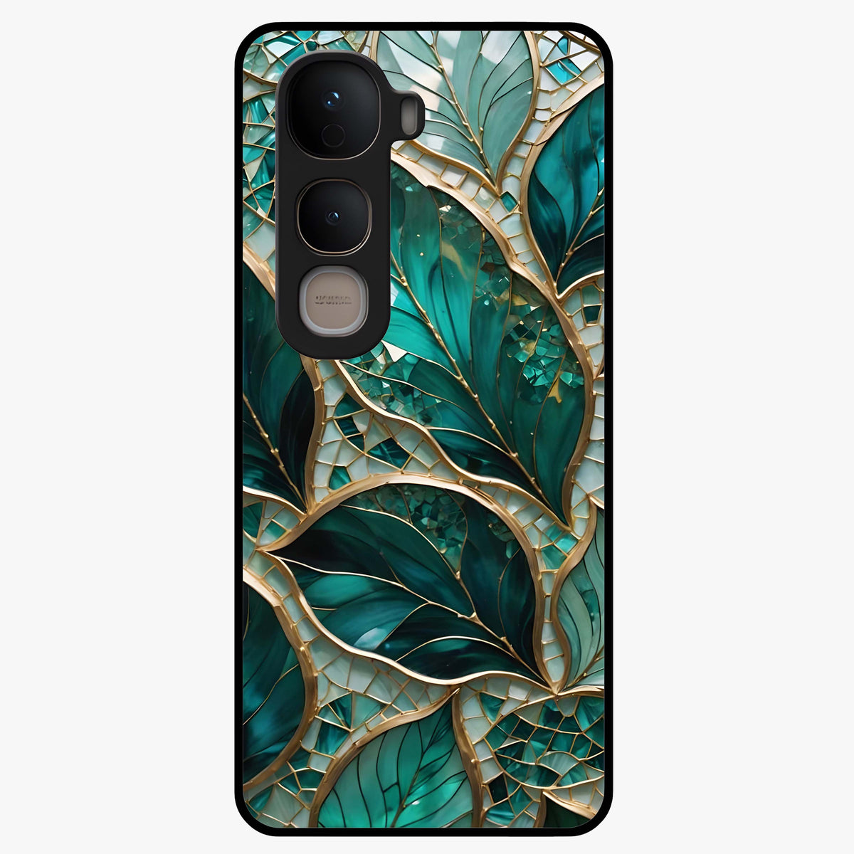Emerald Leaf Glass Glass Case showing flat back view with emerald green leaf artwork and glossy glass finish.