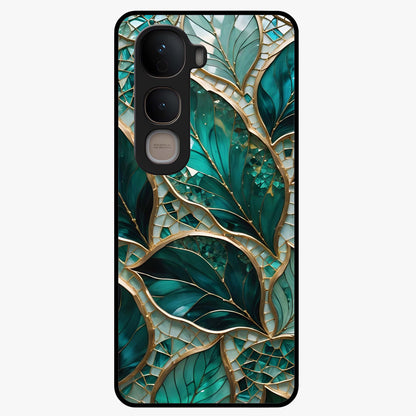Emerald Leaf Glass Glass Case showing flat back view with emerald green leaf artwork and glossy glass finish.