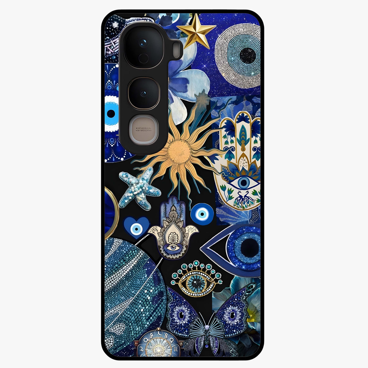 Evil Eye Charm Mix Glass Case showing flat back view with multiple evil eye charms artwork and glossy glass finish.