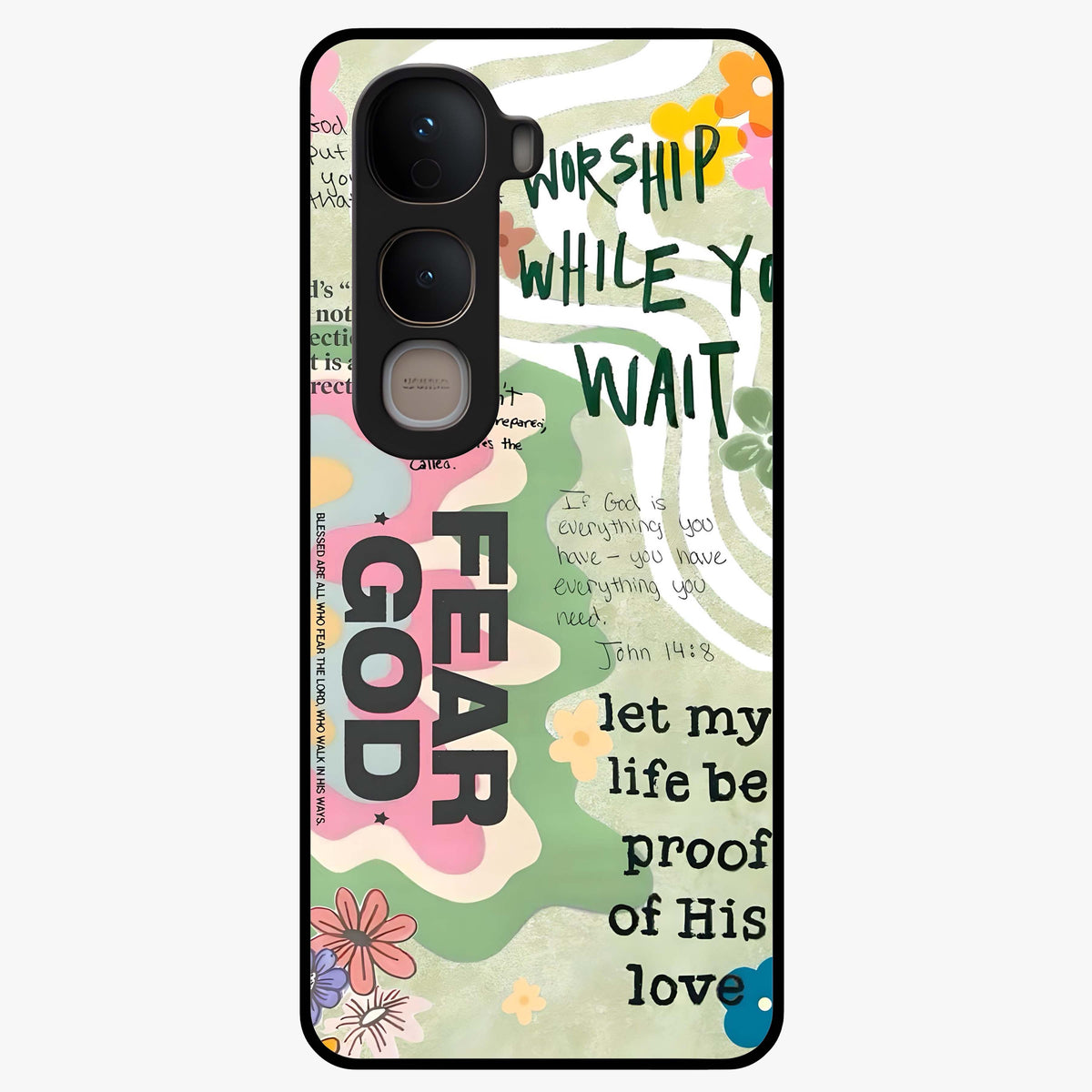Faith Over Fear Glass Case showing flat back view with motivational typography artwork and glossy glass finish.