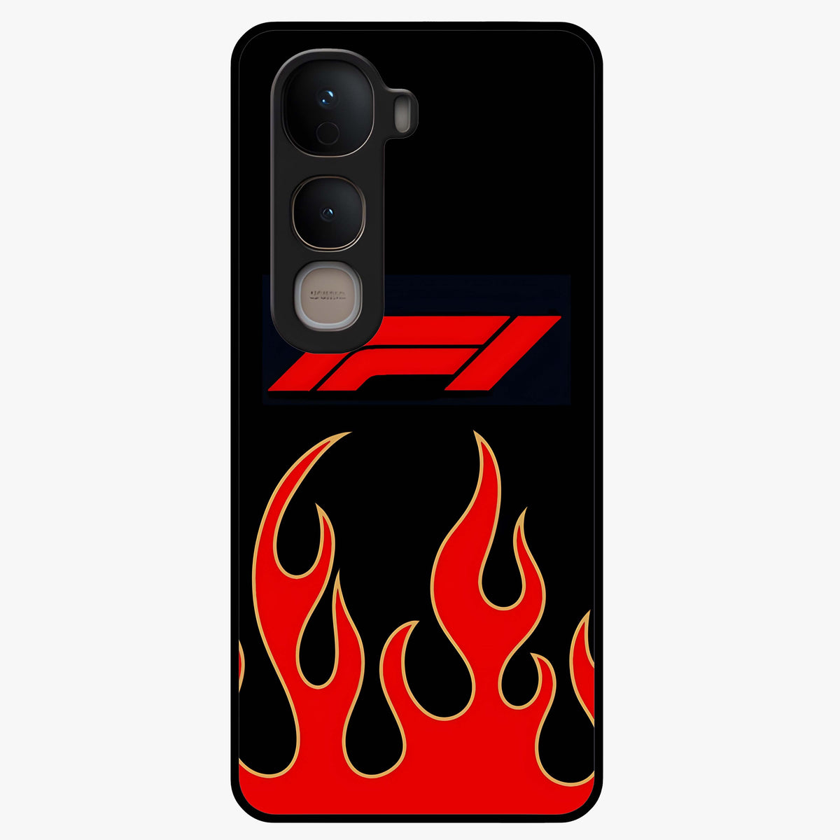 Fire F11 Glass Case showing flat back view with fiery themed artwork and glossy glass finish.