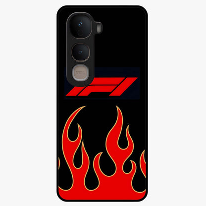 Fire F11 Glass Case showing flat back view with fiery themed artwork and glossy glass finish.