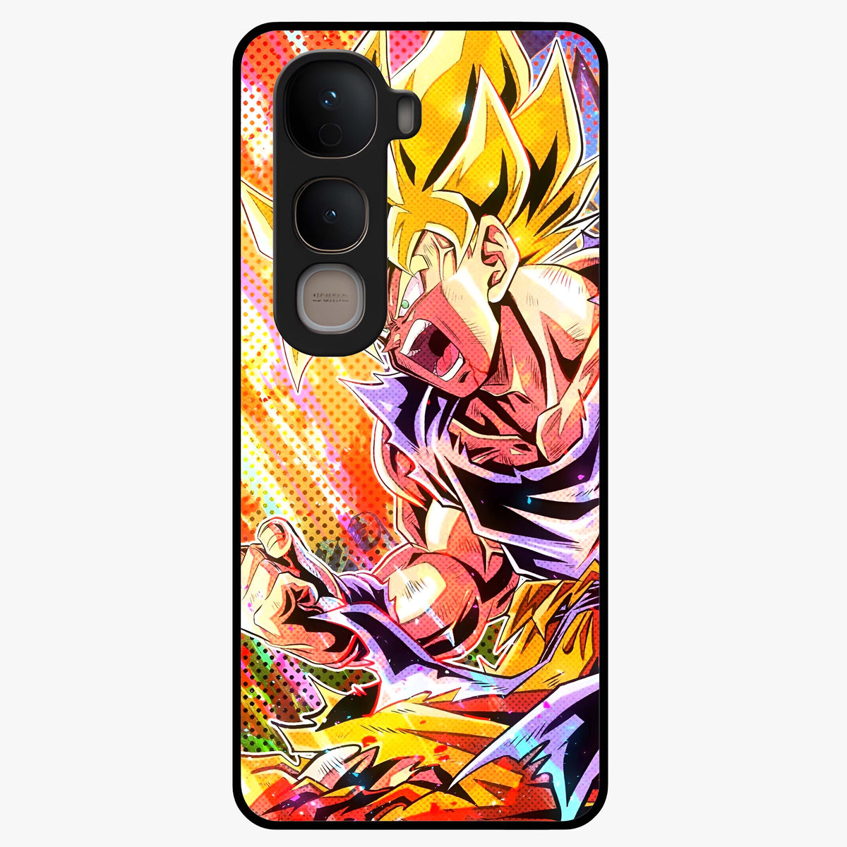 Firing Goku Glass Case showing flat back view with powerful anime inspired artwork and glossy glass finish.