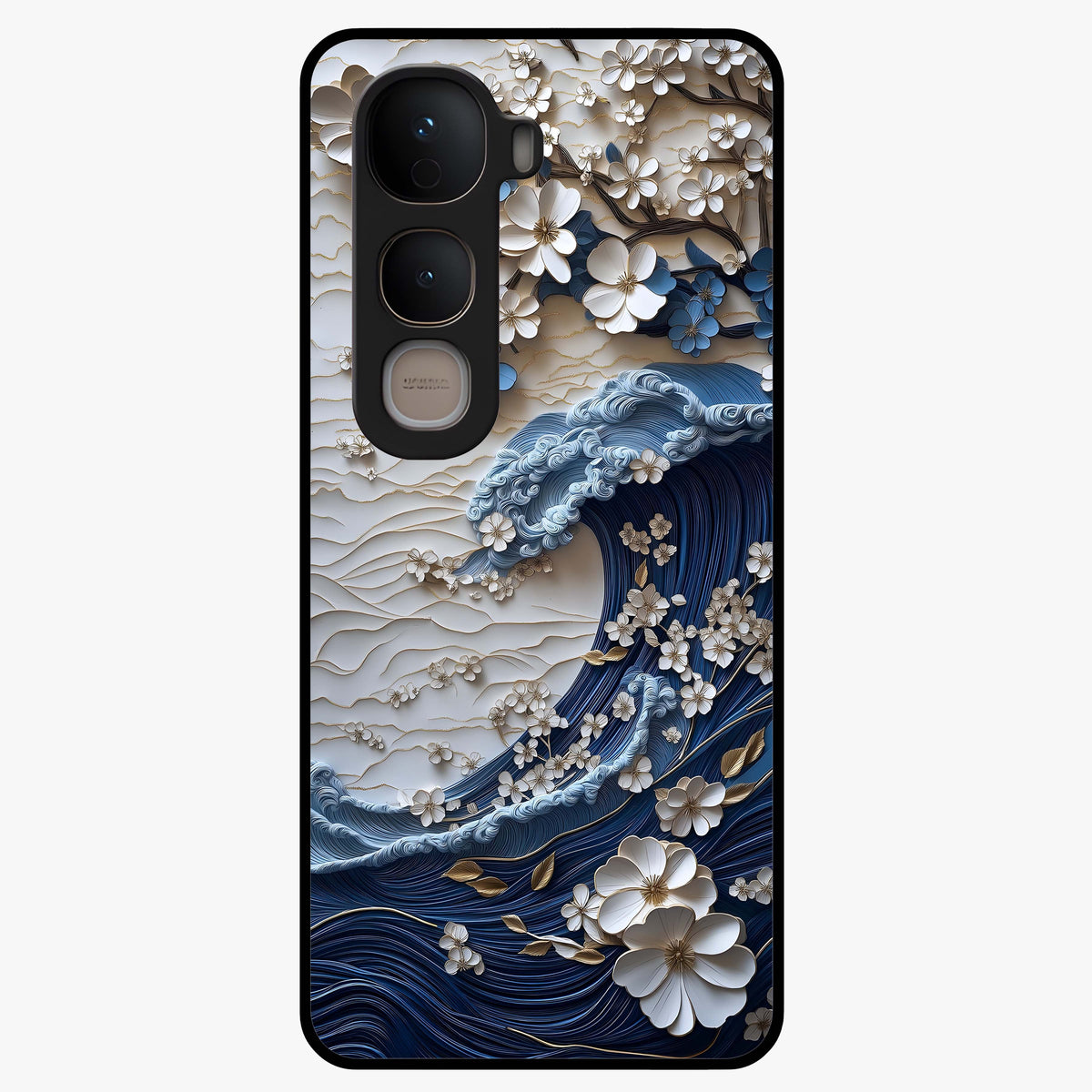 Floral Wave Origami Glass Case showing flat back view with origami inspired floral wave artwork and glossy glass finish.