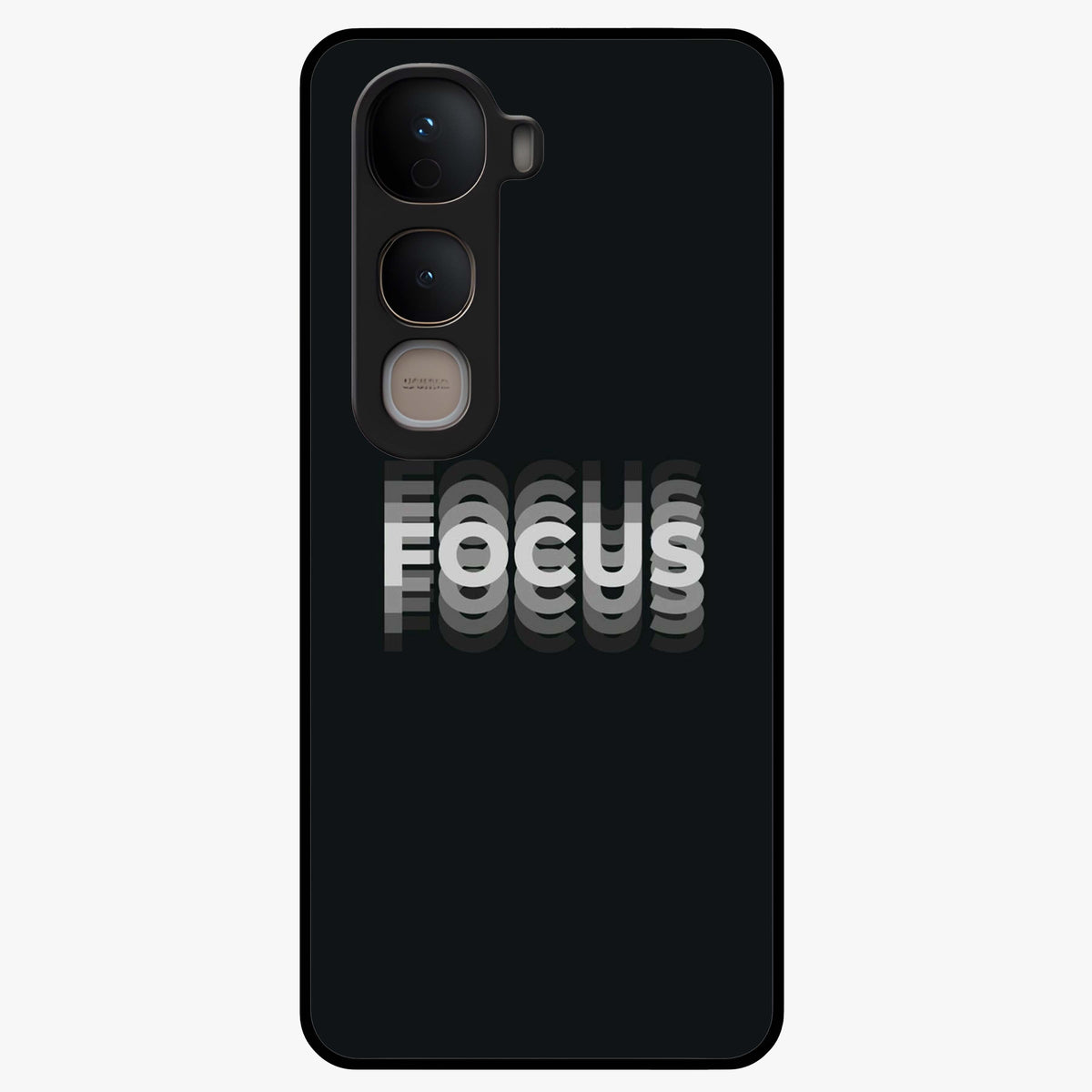 Focus Mode On Glass Case showing flat back view with bold motivational typography design and glossy glass finish.