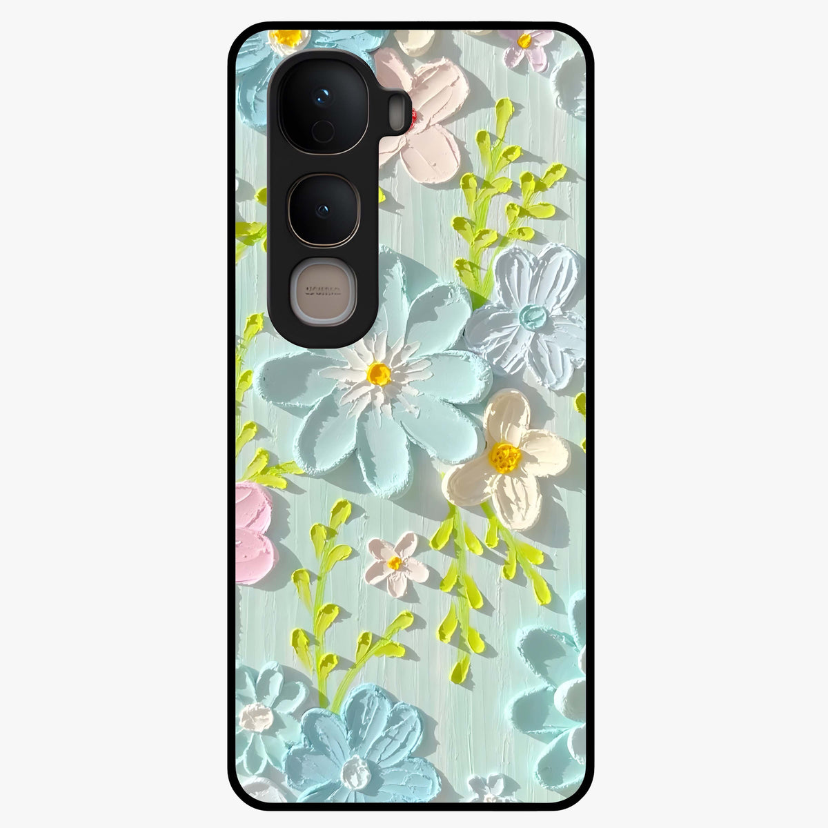 Frosted Petal Garden Glass Case showing flat back view with soft frosted floral artwork and glossy glass finish.