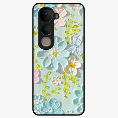 Frosted Petal Garden Glass Case showing flat back view with soft frosted floral artwork and glossy glass finish.