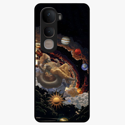 Galactic Divine God Glass Case showing flat back view with divine cosmic themed artwork and glossy glass finish.