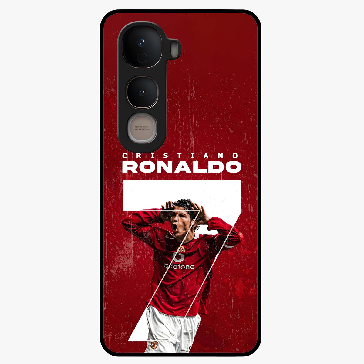 Goal Celebration Legacy Glass Case showing flat back view with football celebration inspired artwork and glossy glass finish.