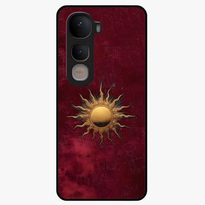 Gold Sun Blush Glass Case showing flat back view with golden sun inspired artwork and glossy glass finish.