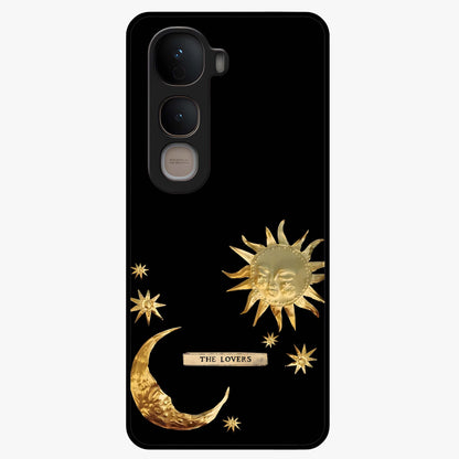 Golden Celestial Charm Glass Case showing flat back view with golden celestial charm artwork and glossy glass finish.