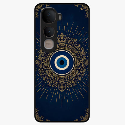 Golden Evil Eye Mandala Glass Case showing flat back view with intricate evil eye mandala artwork and glossy glass finish.